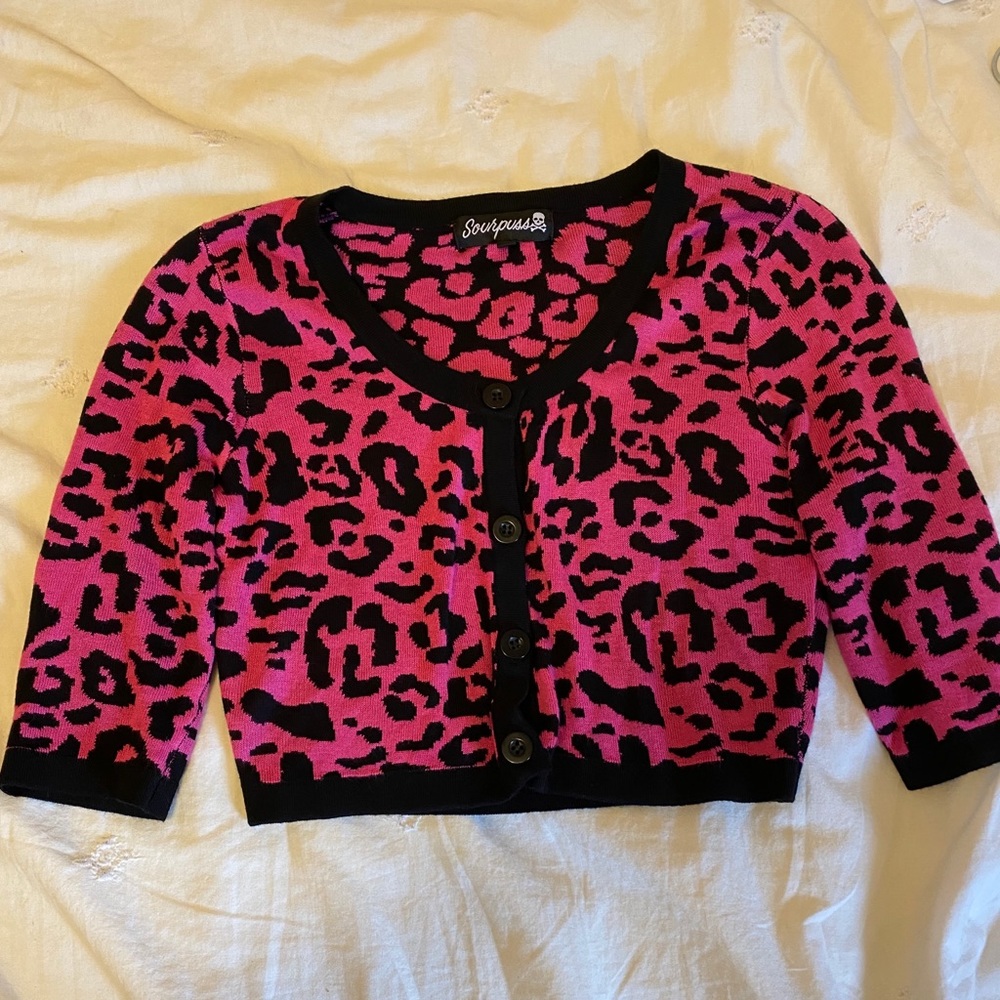 Hot Pink Leopard Crop Cardigan by Sourpuss